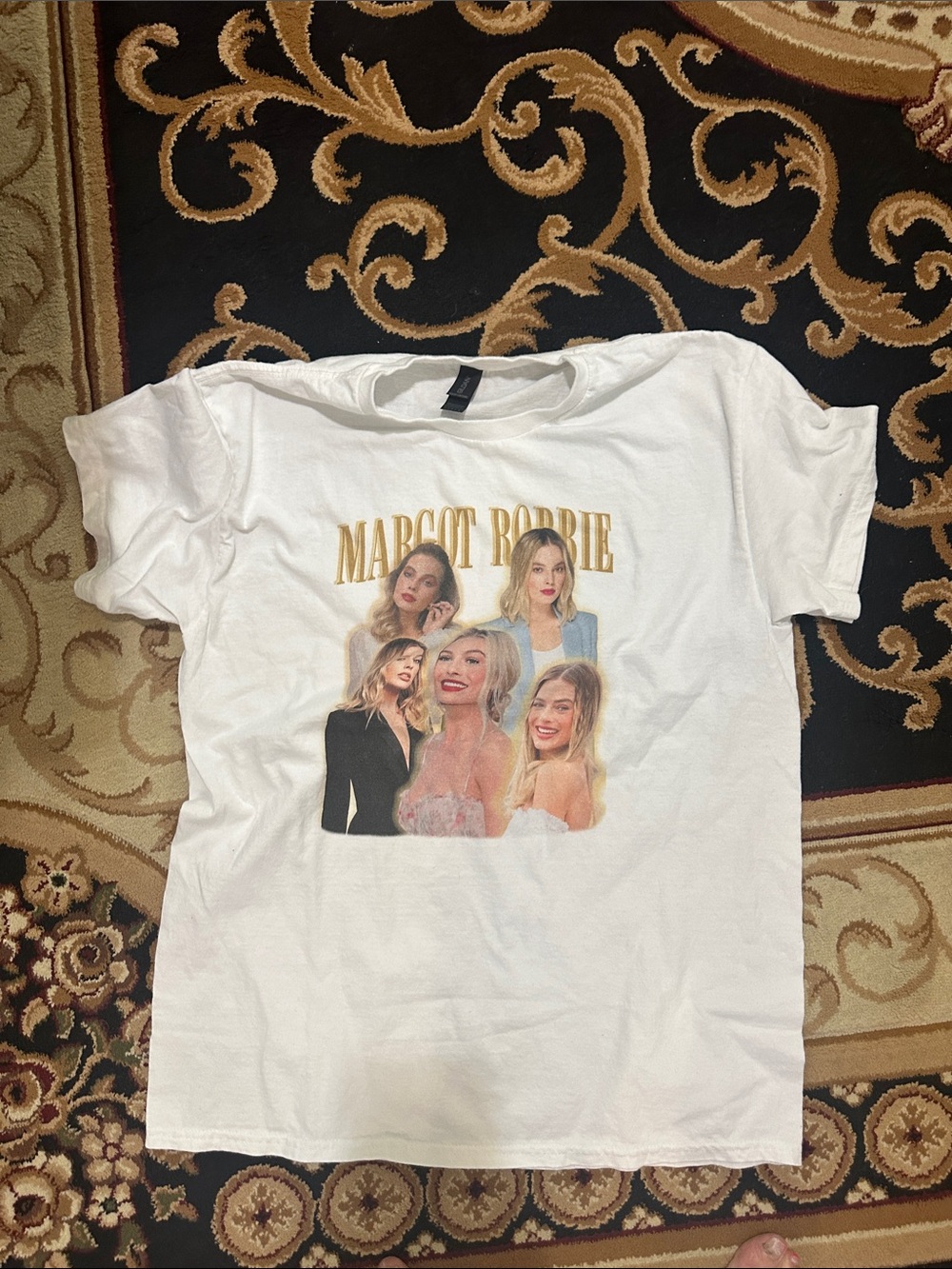 Large Margot Robbie Graphic Tee - White with Gold Text